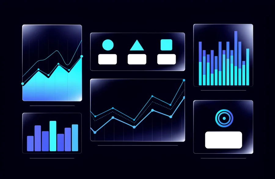 Analytics dashboard interface showing line charts, bar graphs and key performance indicator cards in indigo and cyan
