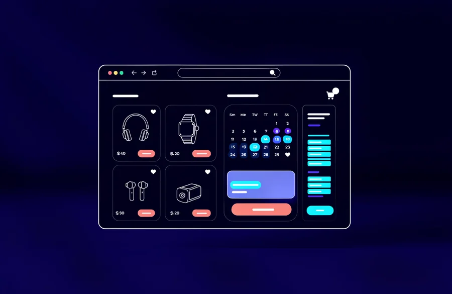 E-commerce and booking platform interface with product grid and calendar booking widget