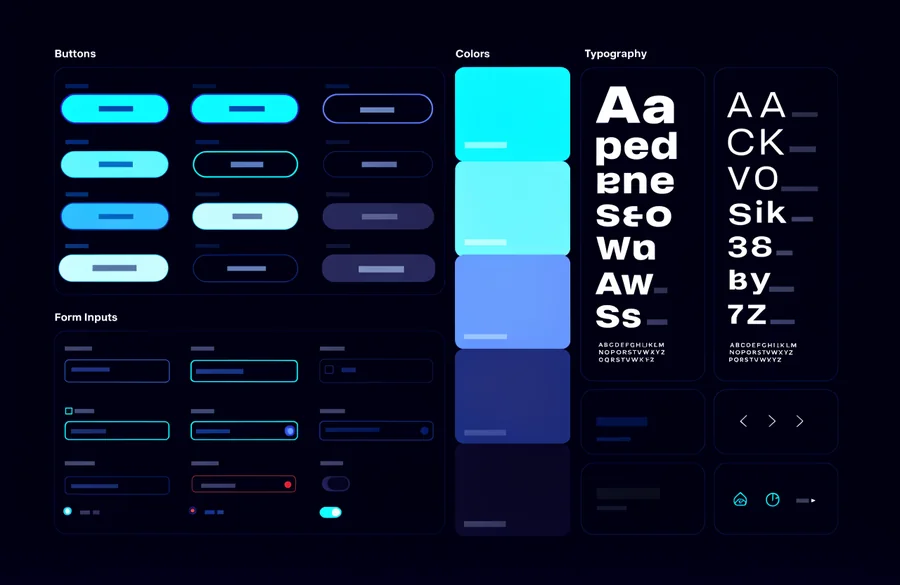 Design system component library showing buttons, form inputs, colour swatches and typography specimens