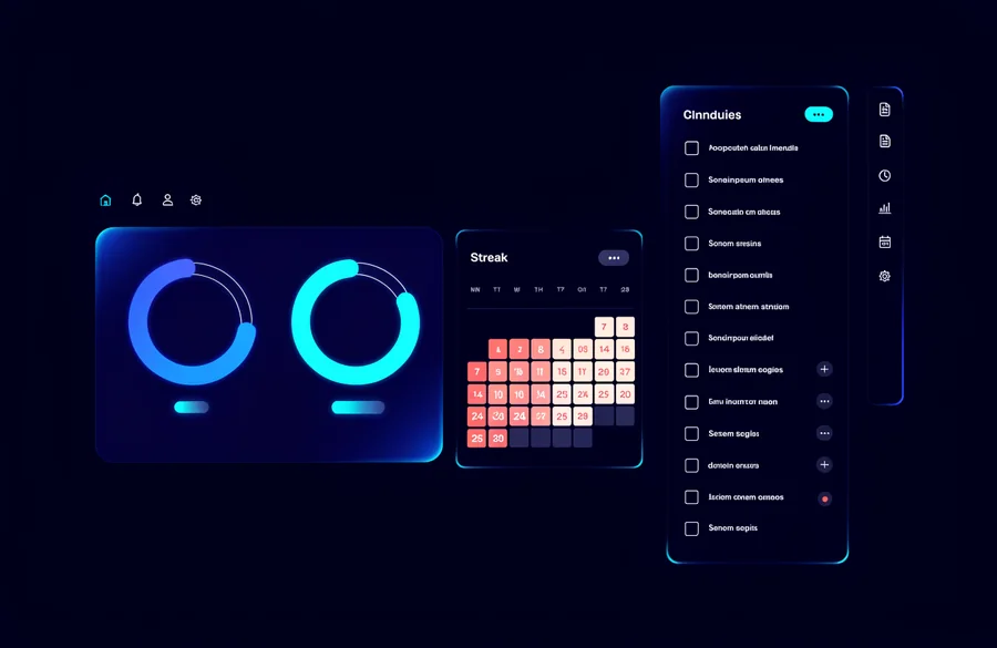 Habit tracking application interface with circular progress rings, streak calendar heatmap and checklists