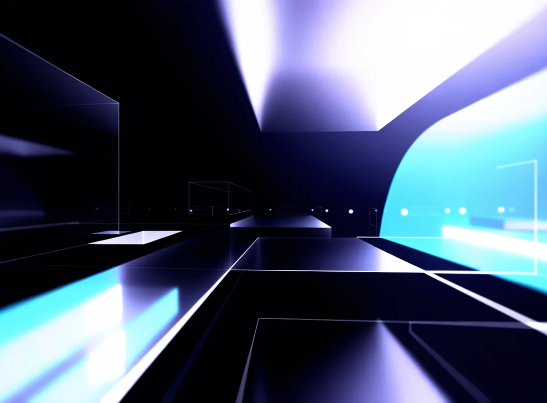 Abstract digital studio environment with translucent geometric planes and wireframe shapes lit in cyan and indigo